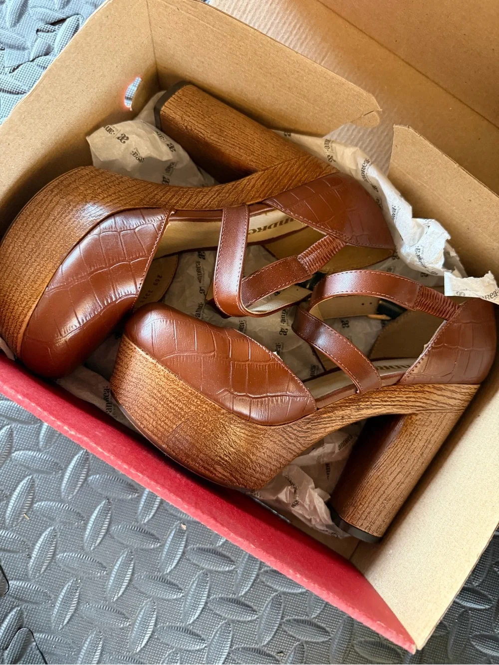 Andrea - Cognac Brown Croc-Embossed Platform Wedge Sandals